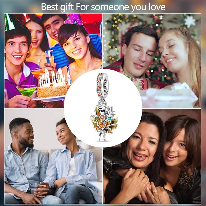 925 Sterling Silver Squirrel & Maple Leaf Charm | Shiny Zircon Autumn Beads Fit Pandora Bracelet DIY Jewelry