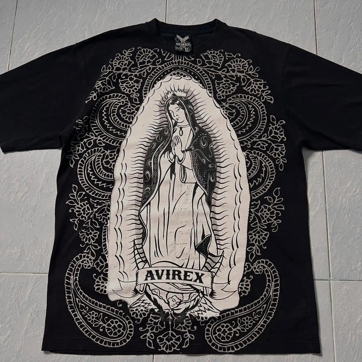 Vintage Avirex Black Short Sleeve T-Shirt | Rhinestone Double-Sided Print Retro Streetwear Top