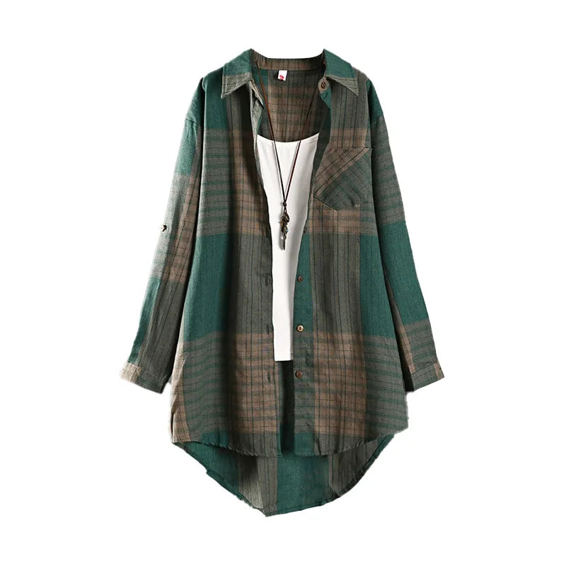 Women’s Checkered Linen Shirt – Buttoned Long Sleeve Vintage Elegant Blouse 👚✨