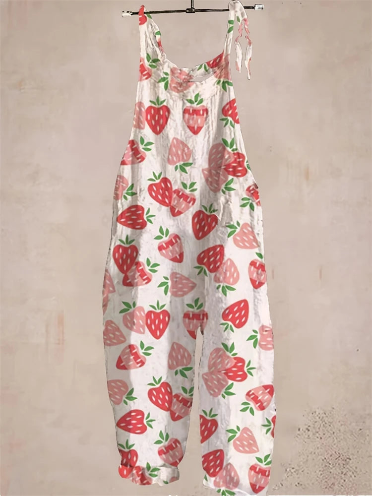 New Women's Strawberry Printed Jumpsuit – Cute Casual Summer Suspenders Set, Loose & Comfortable