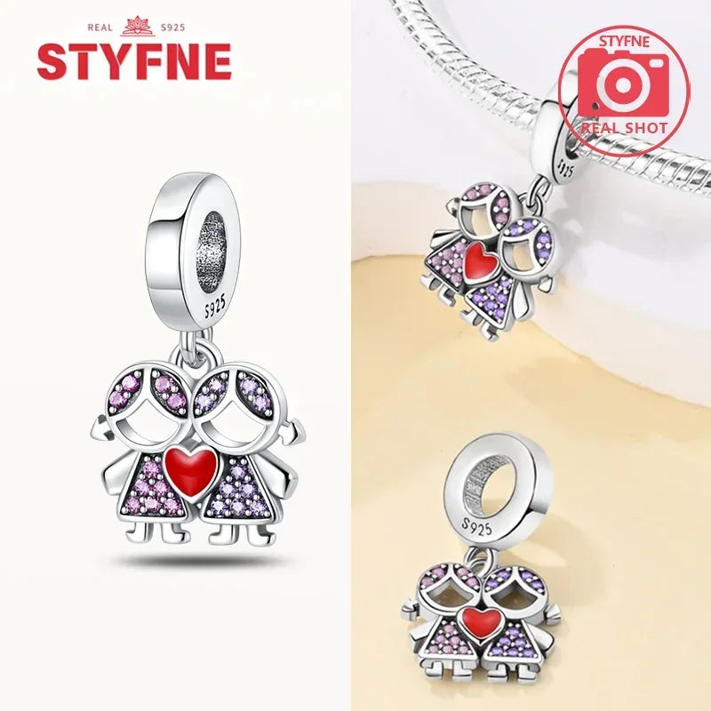 S925 Silver Forever Love Family Sister Heart Charm – Fit Original Bracelet DIY Jewelry Gift for Women & Friends
