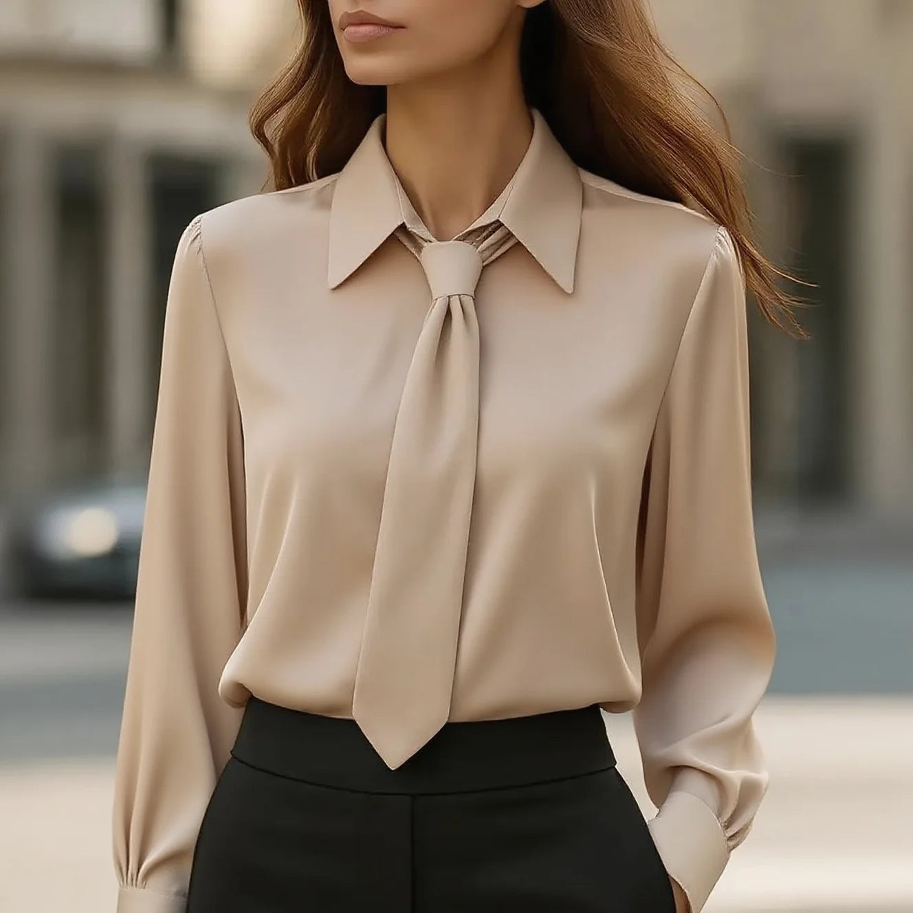 Women’s Elegant Satin Work Shirt – Plain Modern Casual Long Sleeve Collared Top for Office & Daily Wear ✨👚
