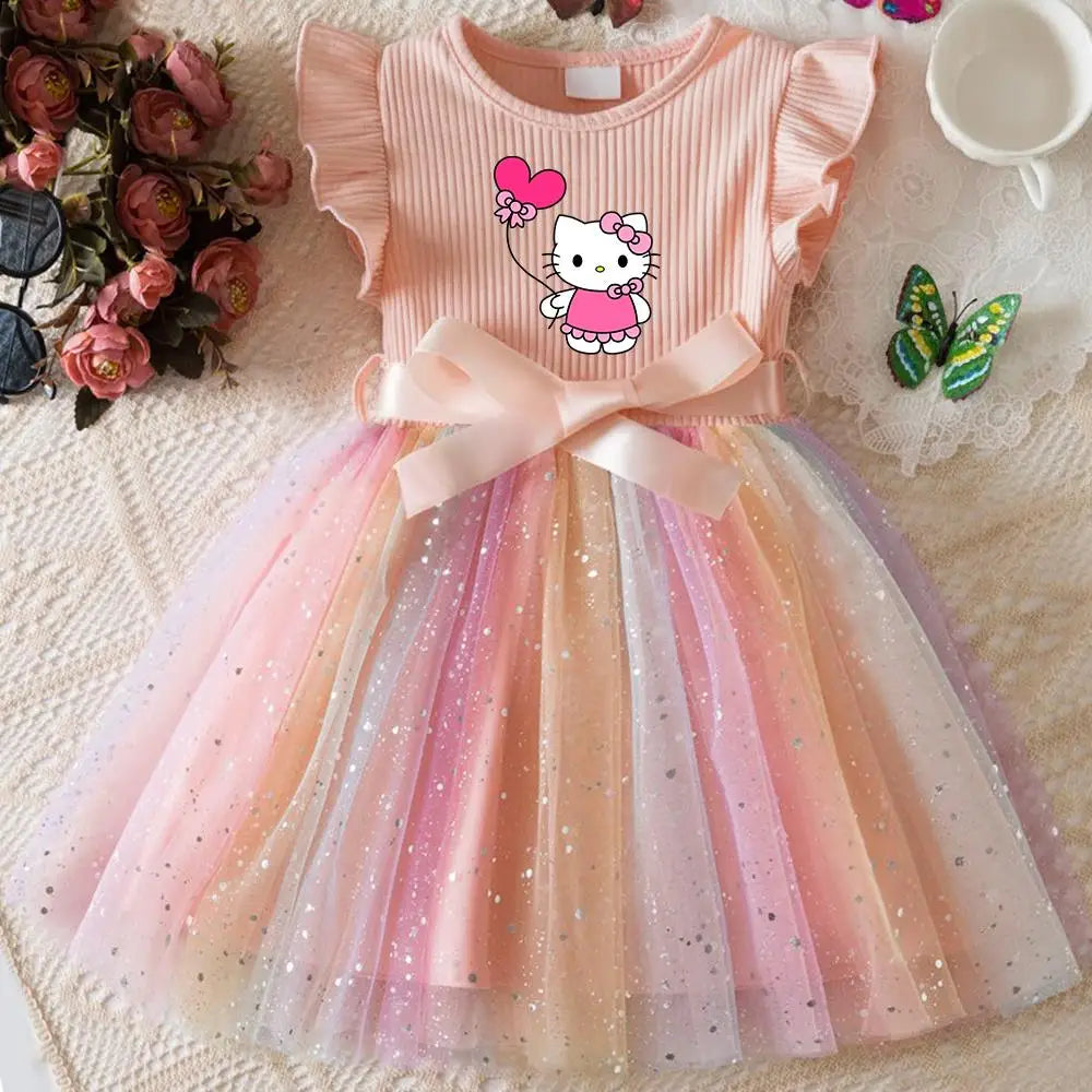 Hello Kitty Flying Sleeves Bow Sequin Princess Dress for Girls | Birthday Party Tutu Dress | Fluffy Baby Girl Dress 1–5 Years