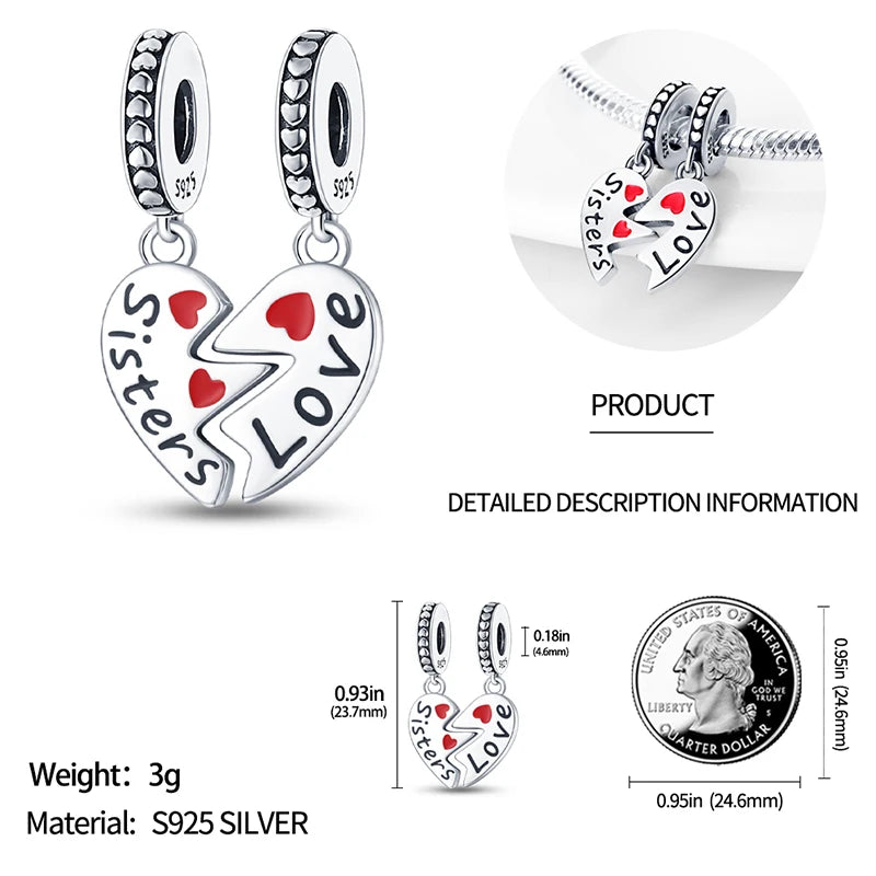925 Sterling Silver Sweetheart Sister Charm | Fit Original Pandora & 3mm Bracelets DIY Jewelry Gift for Women