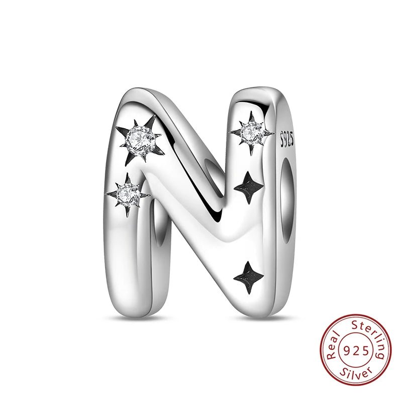 Classic 925 Sterling Silver A–Z Alphabet Charms | Letter Beads with Stars Fit Original Bracelet DIY Jewelry for Women