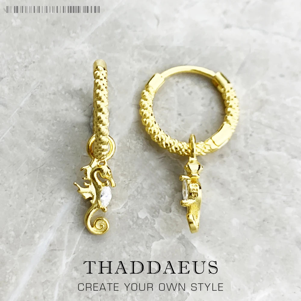 Creole Seahorse Hoop Earrings – 925 Sterling Silver Gold Hinged Hoops Europe Style Women’s Fine Jewelry Gift