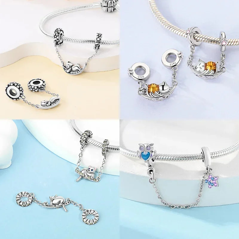 S925 Silver Cute Cat Heart Bead Safety Chain Fit Original Bracelet