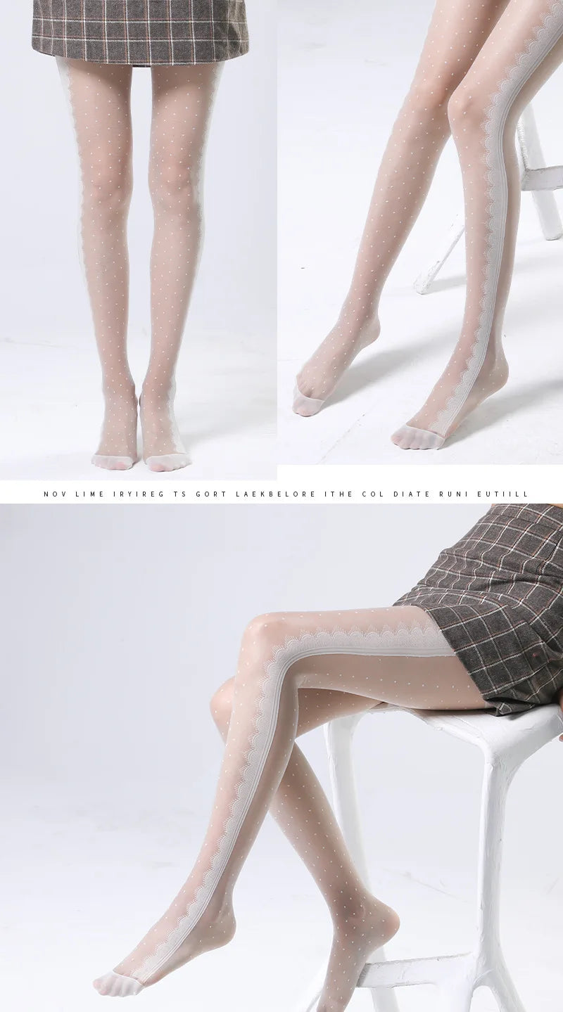 Women's Striped Lace Tights – Sheer Jacquard Dot Pantyhose with Side Seam Detail, 20 Denier for Transitional Seasons