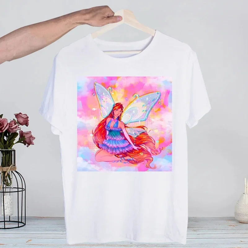 Butterfly Fairy Graphic T-Shirt | Women’s 90s Trend White Short Sleeve Tee | Casual Printed Top
