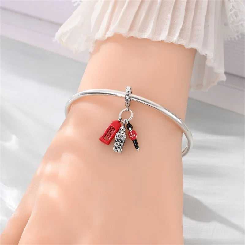 925 Sterling Silver London Red Telephone Booth & Soldier Charm | Souvenir Pendant Fit Original Bracelet | DIY Jewelry Gift