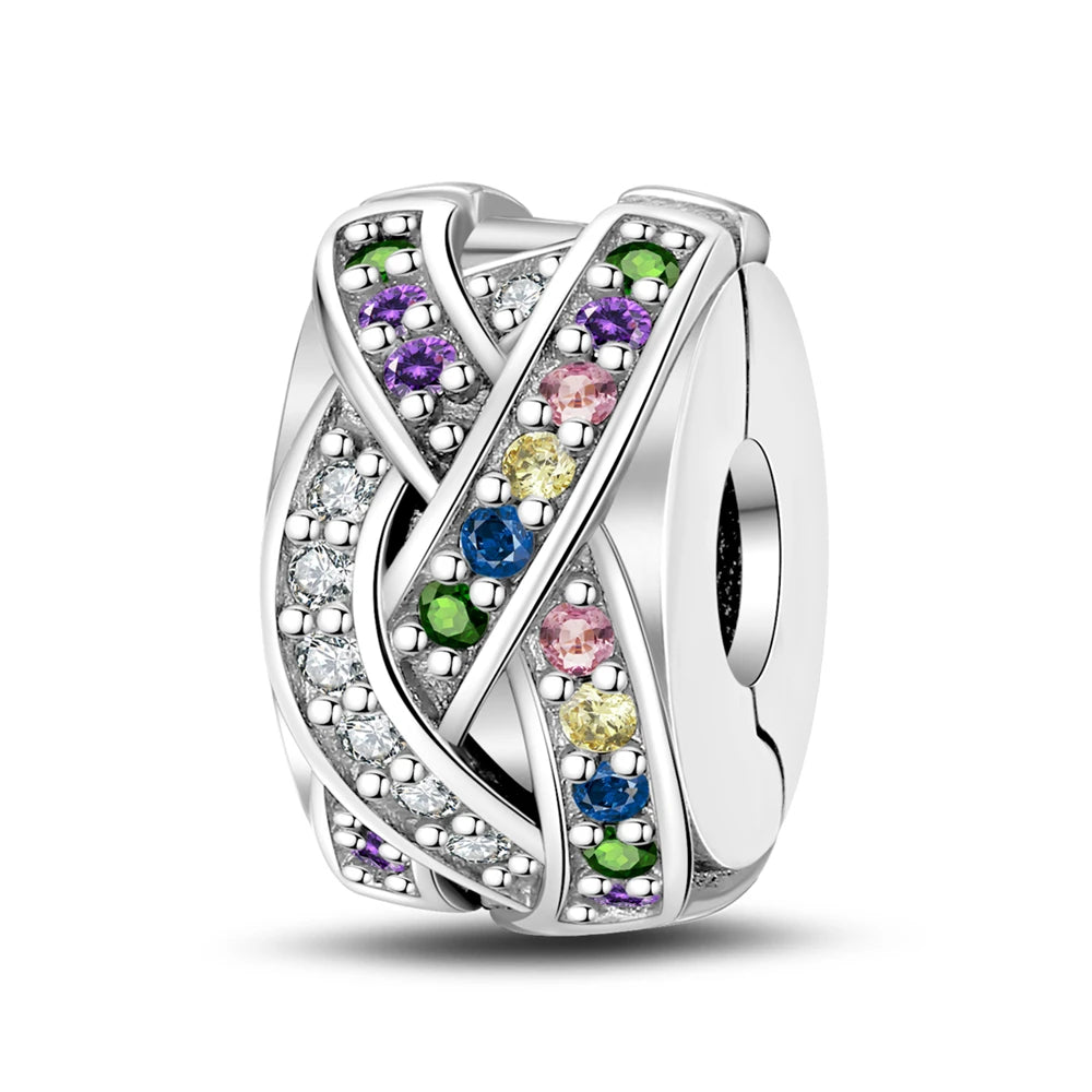 925 Sterling Silver Pave Clip Charms with Safety Chain | Colored Beads Stopper Clasp Fit Original Pandora Bracelet Jewelry