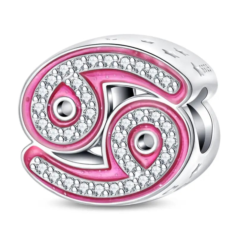 925 Sterling Silver Pink Zircon 12 Zodiac Signs Charms | Fit Original Pandora Bracelets DIY Jewelry Gift for Women