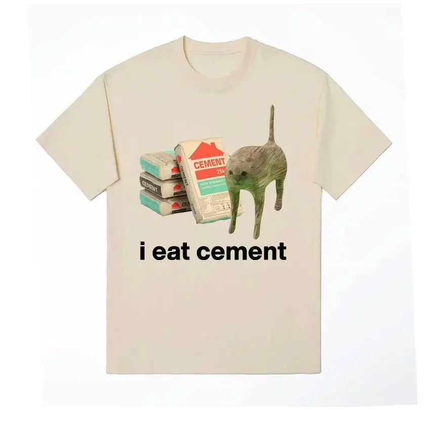 “I Eat Cement” Cursed Cat T-Shirt | Funny Meme Women’s Short Sleeve Casual Top