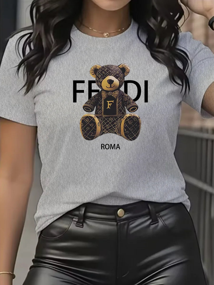 Summer Women’s Teddy Bear Graphic T-Shirt | Light Blue Short Sleeve Casual Crew Neck Top