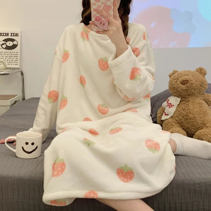 Ladies’ Nightwear Nightdress – Autumn Winter Coral Velvet Long Sleeve Plaid Striped Flannel Dress, Large Size