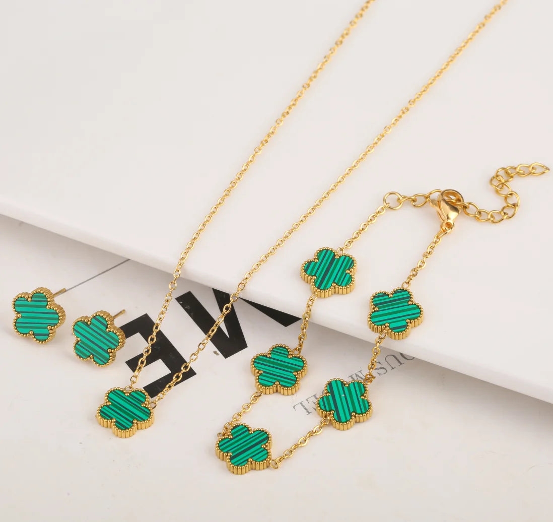 Stainless Steel Leaf Flower Jewelry Set | Non-Fading Minimalist Pendant Necklace, Earrings & Bracelet – Women’s Fashion Set