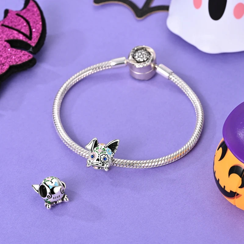 Halloween 925 Sterling Silver Charms | Pumpkin Skeleton Witch Bat Beads for Bracelet DIY Jewelry