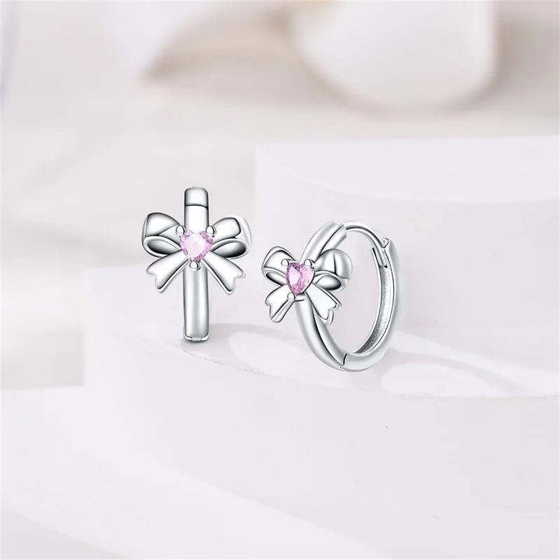 925 Sterling Silver Sweet Bow Heart Zircon Hoop Earrings | Women’s Shining Proluxy Fine Jewelry Gift for Engagement & Birthday