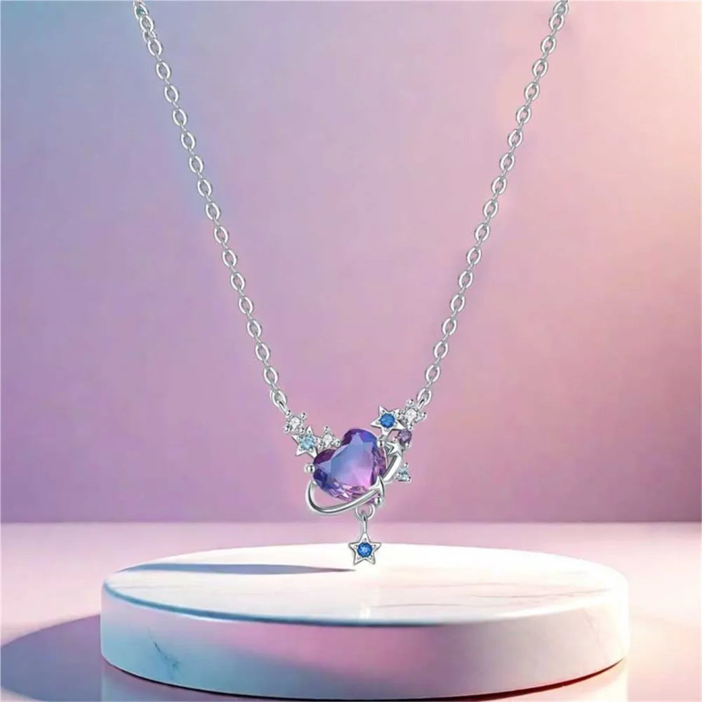 925 Sterling Silver Purple Infinite Love Heart Planet Necklace | Elegant Women’s Fashion Jewelry Birthday Gift
