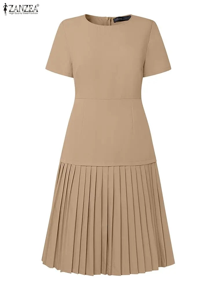 Women Pleated Dress 👗 Elegant O-Neck Short Sleeve Fitted Waist A-Line Knee-Length Dress 🌸 ZANZEA Fashion