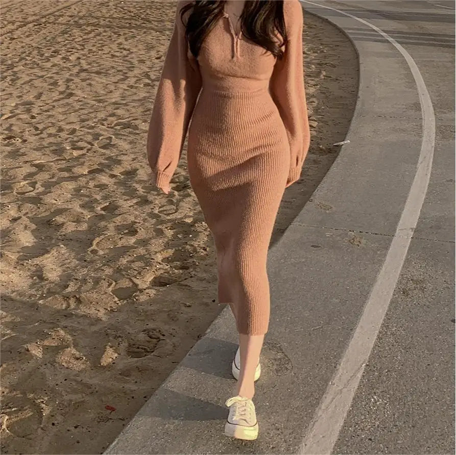 Elegant V-Neck Knitted Dress – Women's Autumn Winter High Waist A-Line Long Skirt, Soft Wrap Body Korean Style