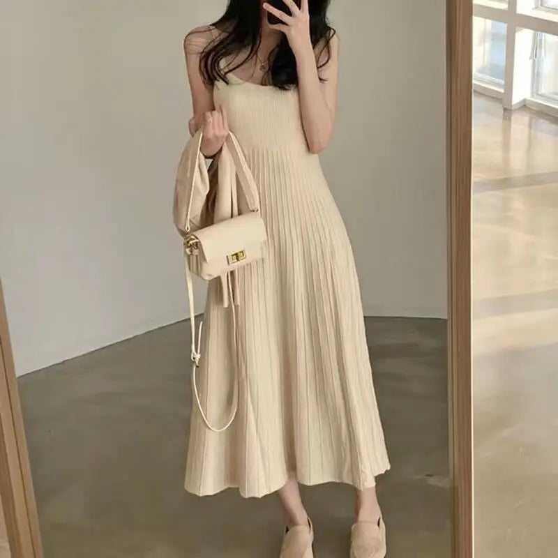 Autumn Winter New Slim Fit Strap Dress – Casual Versatile Long Sleeve Maxi Skirt | Elegant Polyester Fiber Outerwear Dress