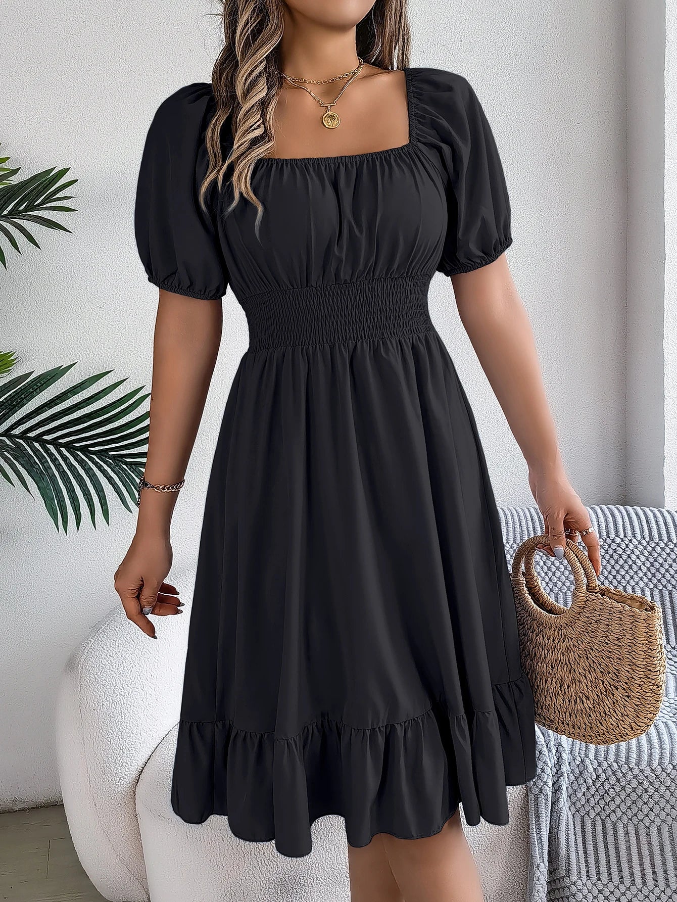 2026 Women’s Elegant High-Waisted Dress – Square Neck, Short Sleeve, Ruffled Edge Long Dress | Spring Summer Valentine’s Day