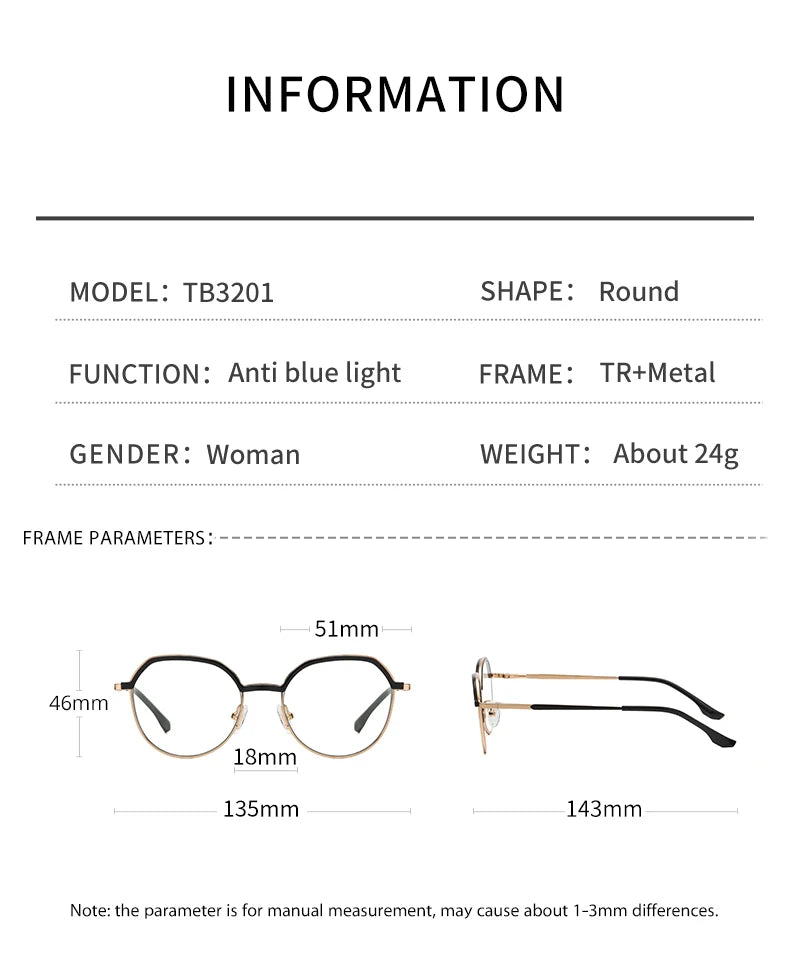 Women Round Blue Light Blocking Glasses 👓 Stylish Alloy Frame TB3201