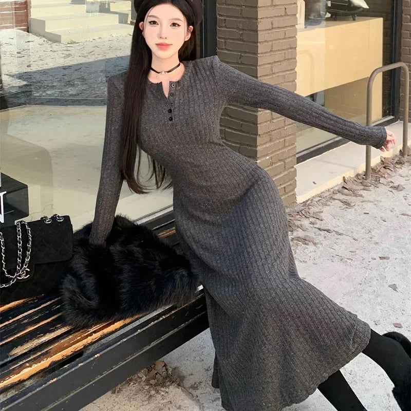 SMVP Elegant Slim High Waist Knit Dress for Women – Autumn Winter Long Sleeve Warm Vintage Long Dress | Streetwear Vestidos