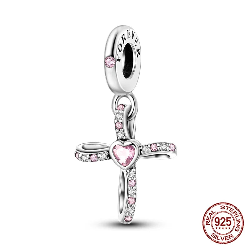 Hot Bible Cross Pink Zircon Charm – 925 Sterling Silver DIY Bracelet for Women