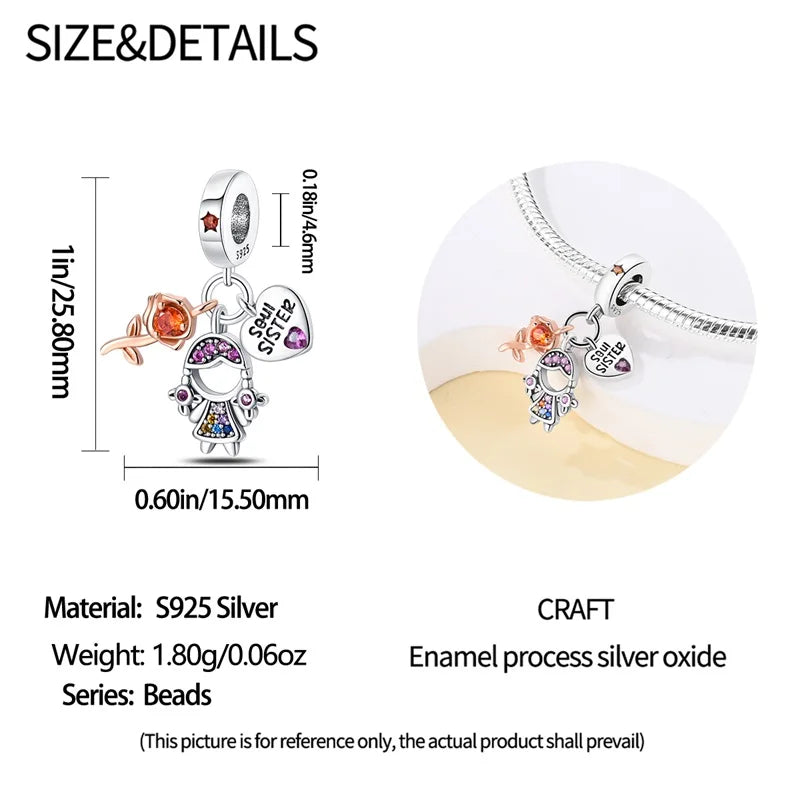 925 Sterling Silver Sweetheart Sister Charm | Fit Original Pandora & 3mm Bracelets DIY Jewelry Gift for Women