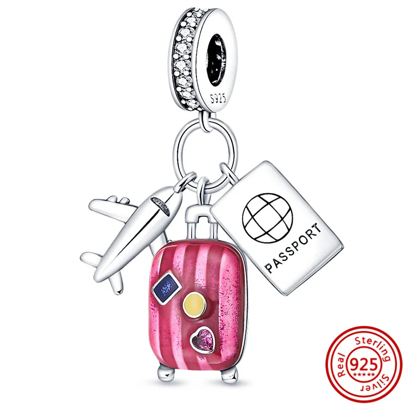 925 Sterling Silver Travel Series Charms | Airplane Passport Luggage Sun Moon Star Beads Fit Original Bracelet Jewelry