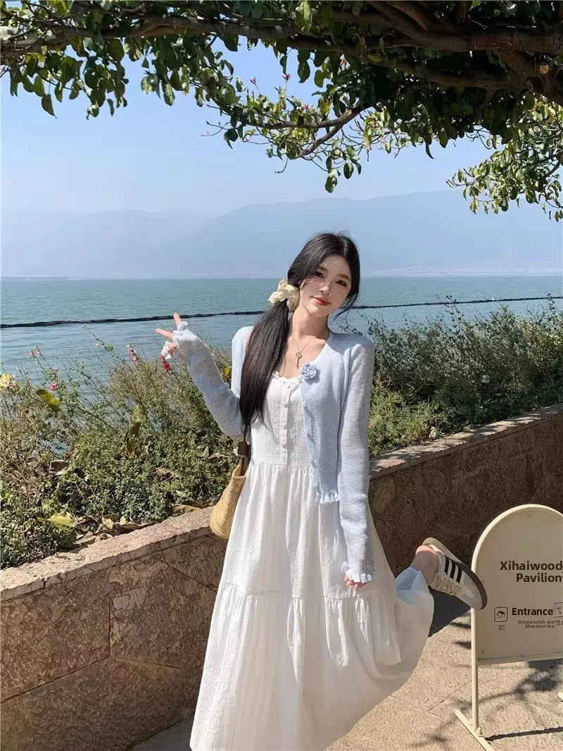 Summer 2025 Women’s Pure Cotton White Strap Dress with Long Sleeve Ice Silk Knitted Sun Protection Cardigan Set – Elegant Fashion