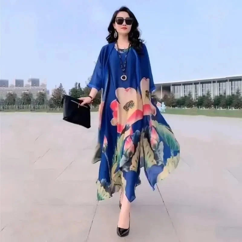Middle-Aged Women’s Summer Dress Suit – Casual Two-Piece Printed Long Dress Set | Elegant Temperament Outfit