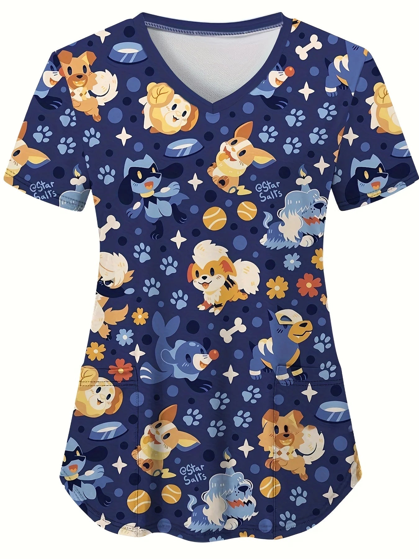 Women’s Medical Scrub Top – Cute Cartoon Print V-Neck Short Sleeve Nurse Dental Uniform 🩺🎀