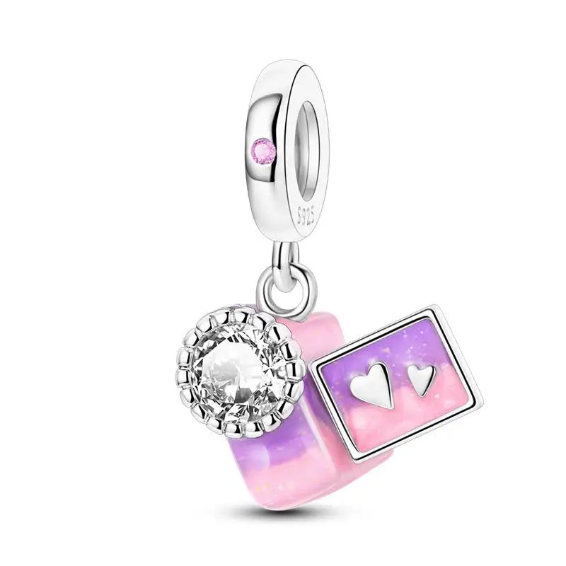 925 Silver Plated Magic Mirror Princess Angel Pink Charm Beads | Fits Original Pan 925 Bracelet | Exquisite DIY Jewelry