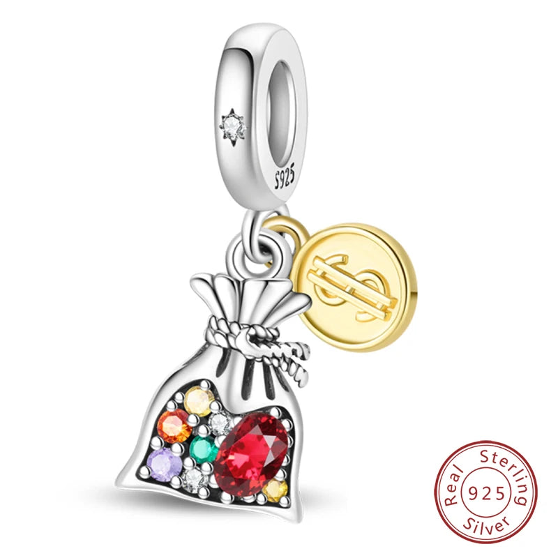 925 Sterling Silver Dollar Money Bag Charms | Wealth Freedom Rich Pendant Beads Fit Original Bracelet DIY Jewelry