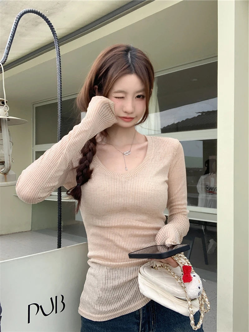 Slim Fit V-Neck Transparent Knitted Top for Women | Autumn 2024 Elegant Long Sleeve Thin Sweater | Classic Commuter Style