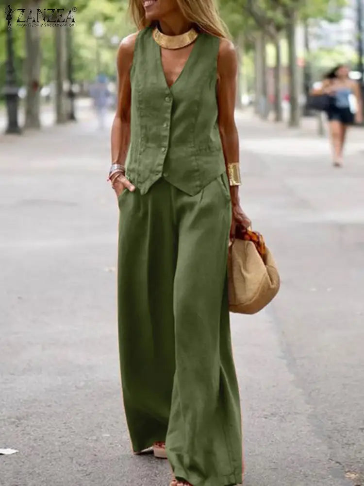 ZANZEA 2025 Elegant Women’s Two-Piece Set – Solid Color Wide Leg Pants & Vest Top Plus Size 👩‍💼✨