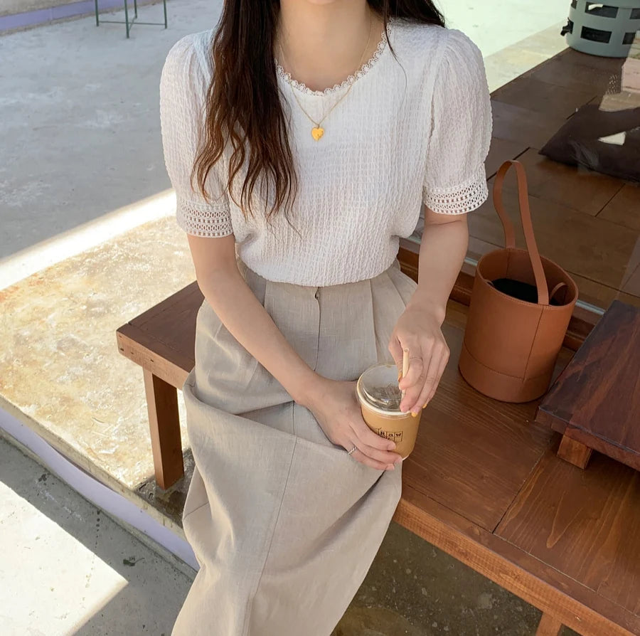 Elegant White Lace Hollow Out Blouse | Fairy-Style Bubble Sleeve Summer Top for Women