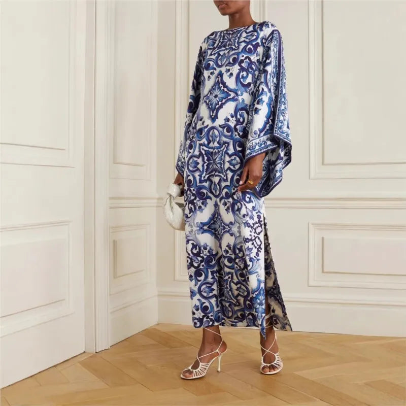New Spring O-Neck Long Sleeve Maxi Dress for Women | Elegant Loose Commuting Dress | Blue & White Porcelain Print with Side Split