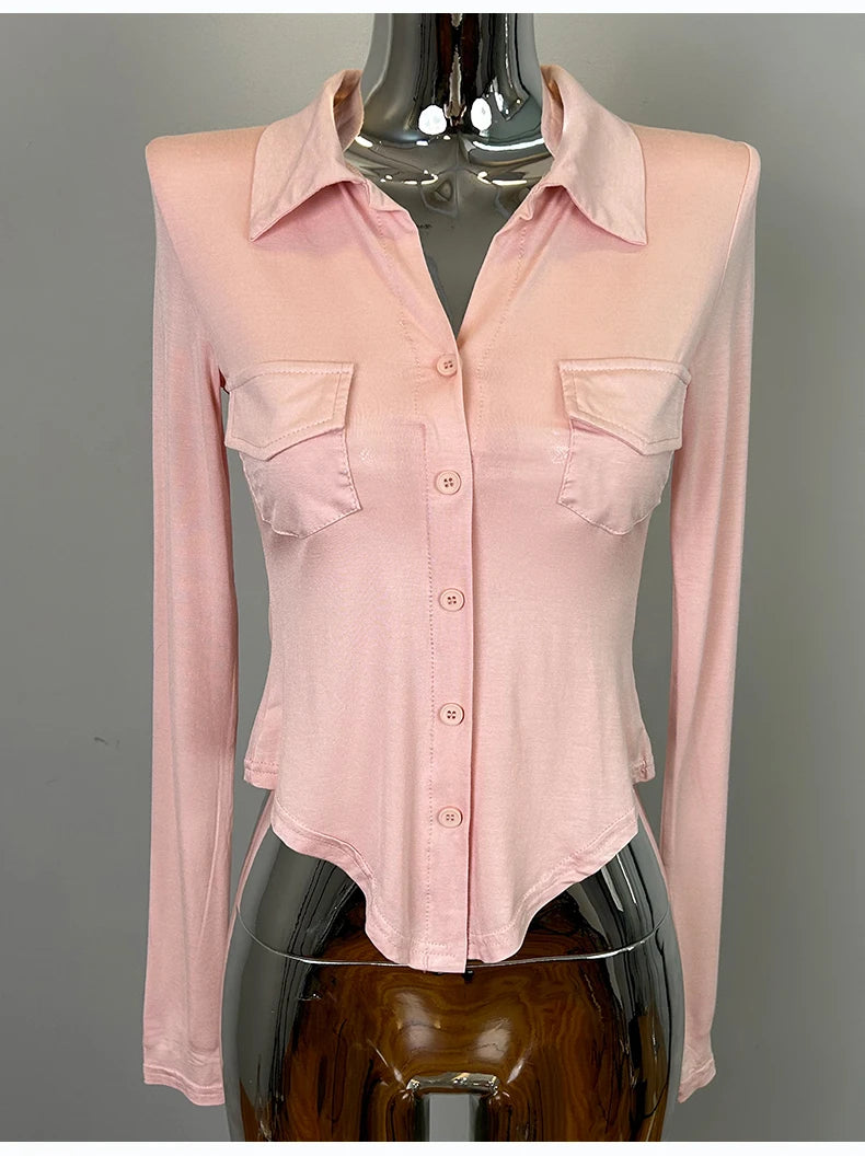 Sexy Button-Up Slim Fit Blouse – Women’s Early Autumn Korean Style Double Pocket Swing Top