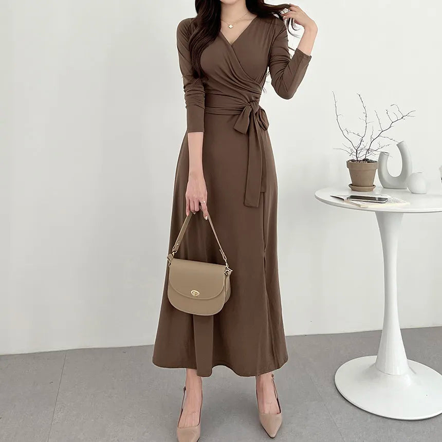 ✨ Slimming V-Neck Cross Wrap Long Dress 👗 Women's Base Layer Dress 🌸 Belted Waist Split Long Sleeve Colorful Commute Wear