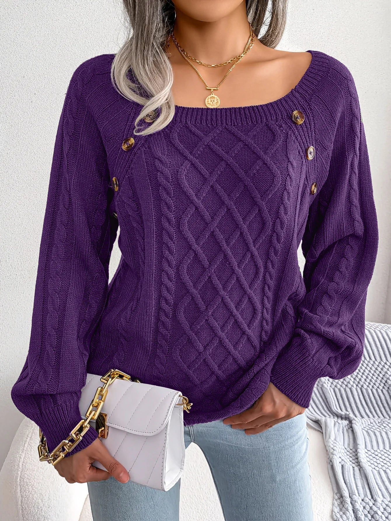 Women’s Casual Square Collar Knitted Pullover Sweater – Long Sleeve Autumn Winter 2025 Top
