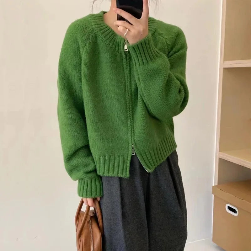 Women's Short Knitted Cardigan 2025 | Autumn Winter Solid Color Zipper Sweater Jacket