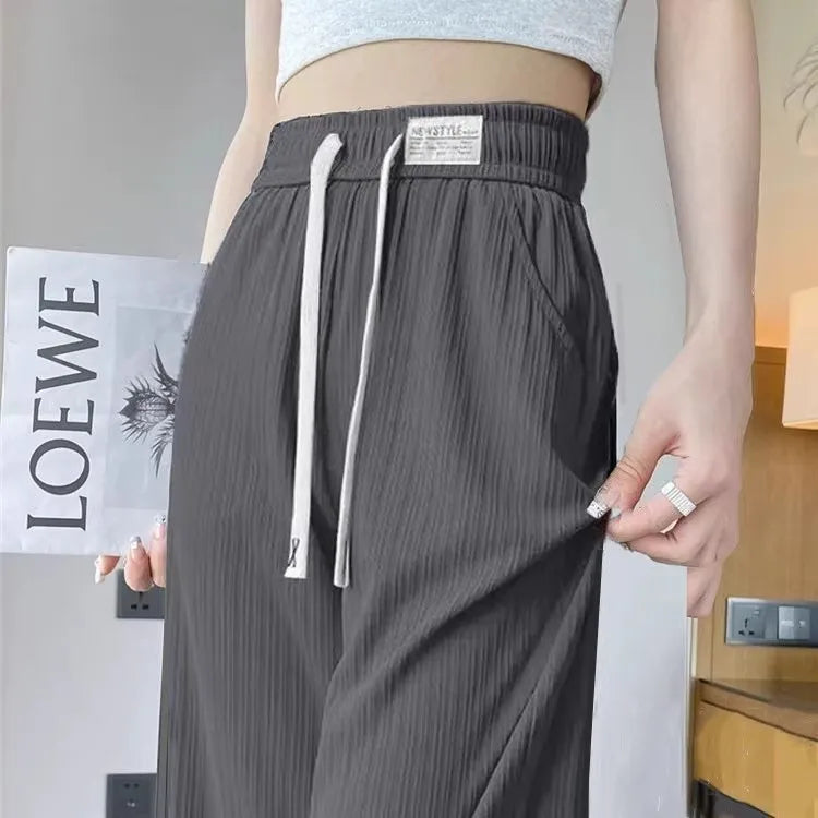 New 2025 Women’s Ice Silk Wide Leg Pants – High Waist Loose Thin Straight Casual Korean Trousers
