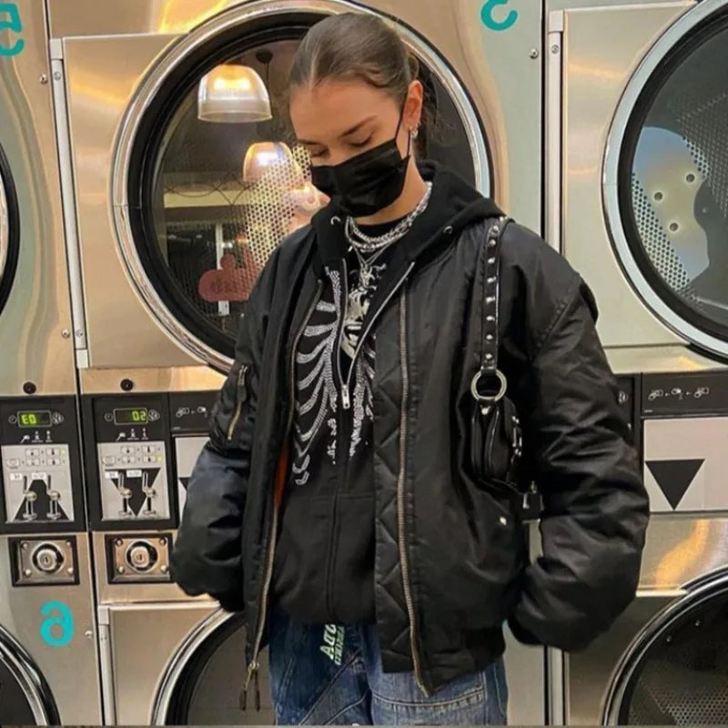 Y2K Rhinestone Skeleton Hoodie | Women’s Gothic Black Oversized Zip-Up Sweatshirt | Retro Harajuku Streetwear