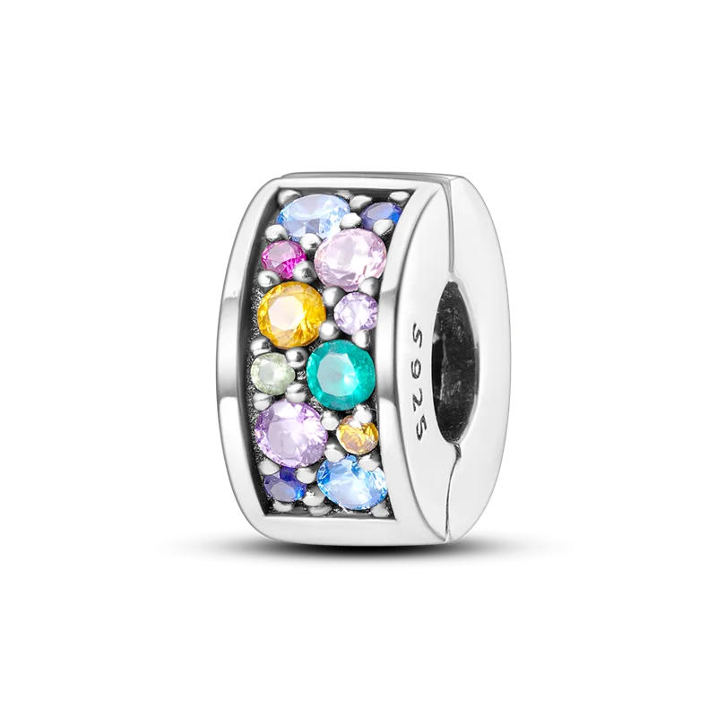 925 Sterling Silver CZ Pave Daisy Clip Charm & Safety Chain – Fits Original Pandora Bracelet, Women’s Silver Stopper Beads Jewelry