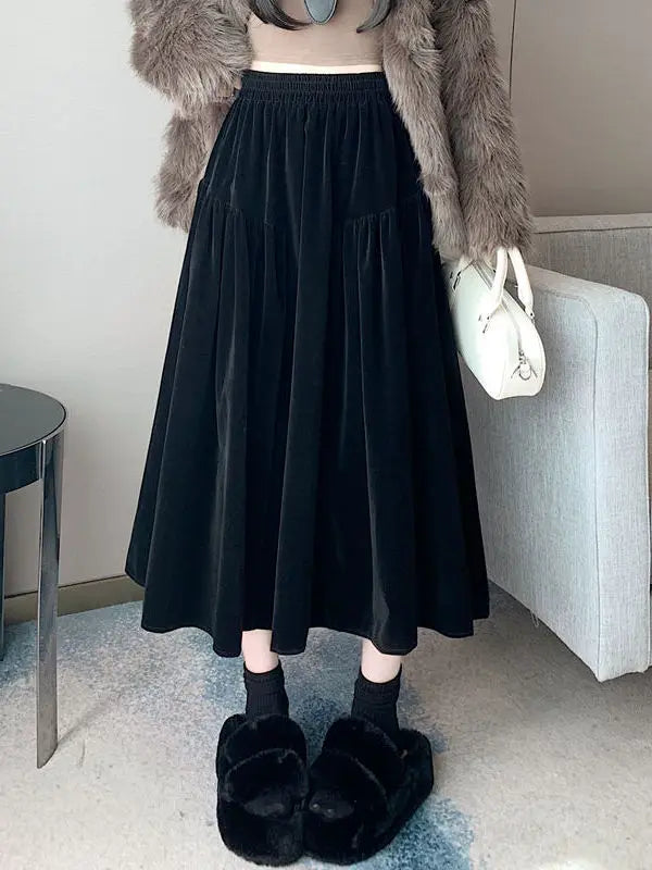 Plus Size Black Velvet Midi Skirt – High Waist A-Line Autumn Winter Mid-Length Skirt for Women