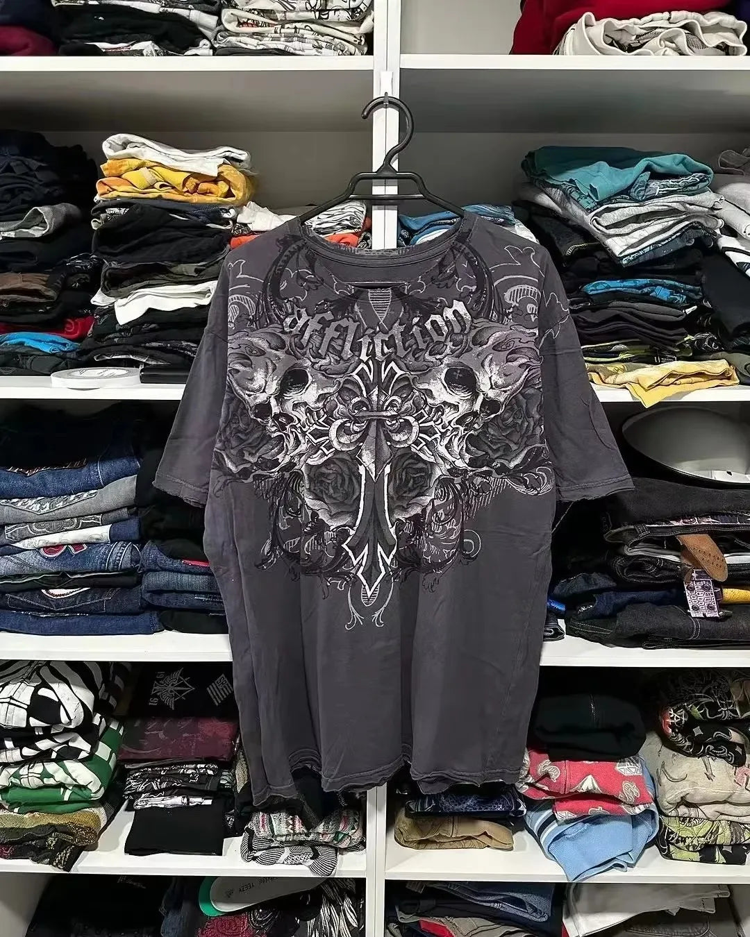 Vintage Avirex Black Short Sleeve T-Shirt | Rhinestone Double-Sided Print Retro Streetwear Top